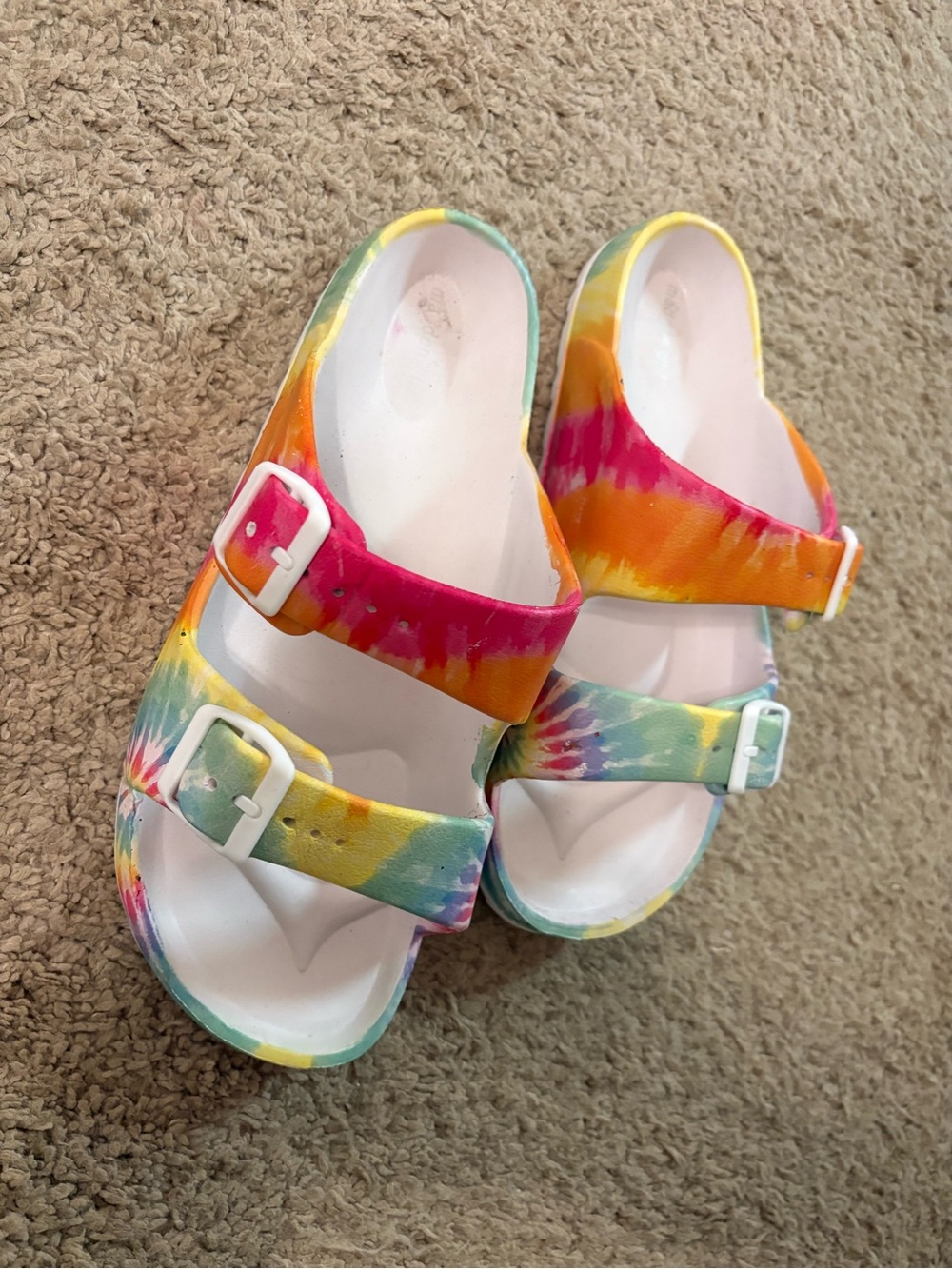 Kids Tie-Dye Slide Sandals with Adjustable Buckles - White Footbed